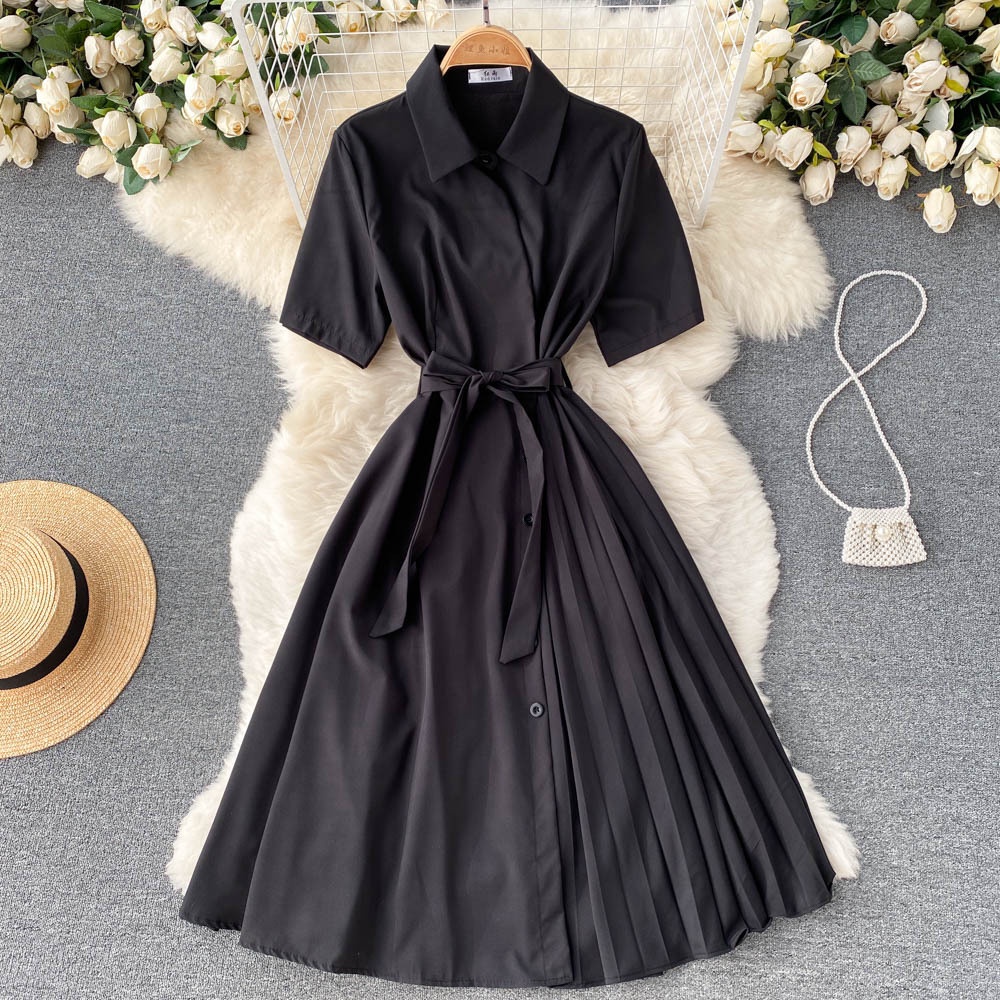 #Sisjuly# Wanita Gaun Musim Panas Temperamen Baru Royal Sister Chiffon Lipit French Shirt Dress