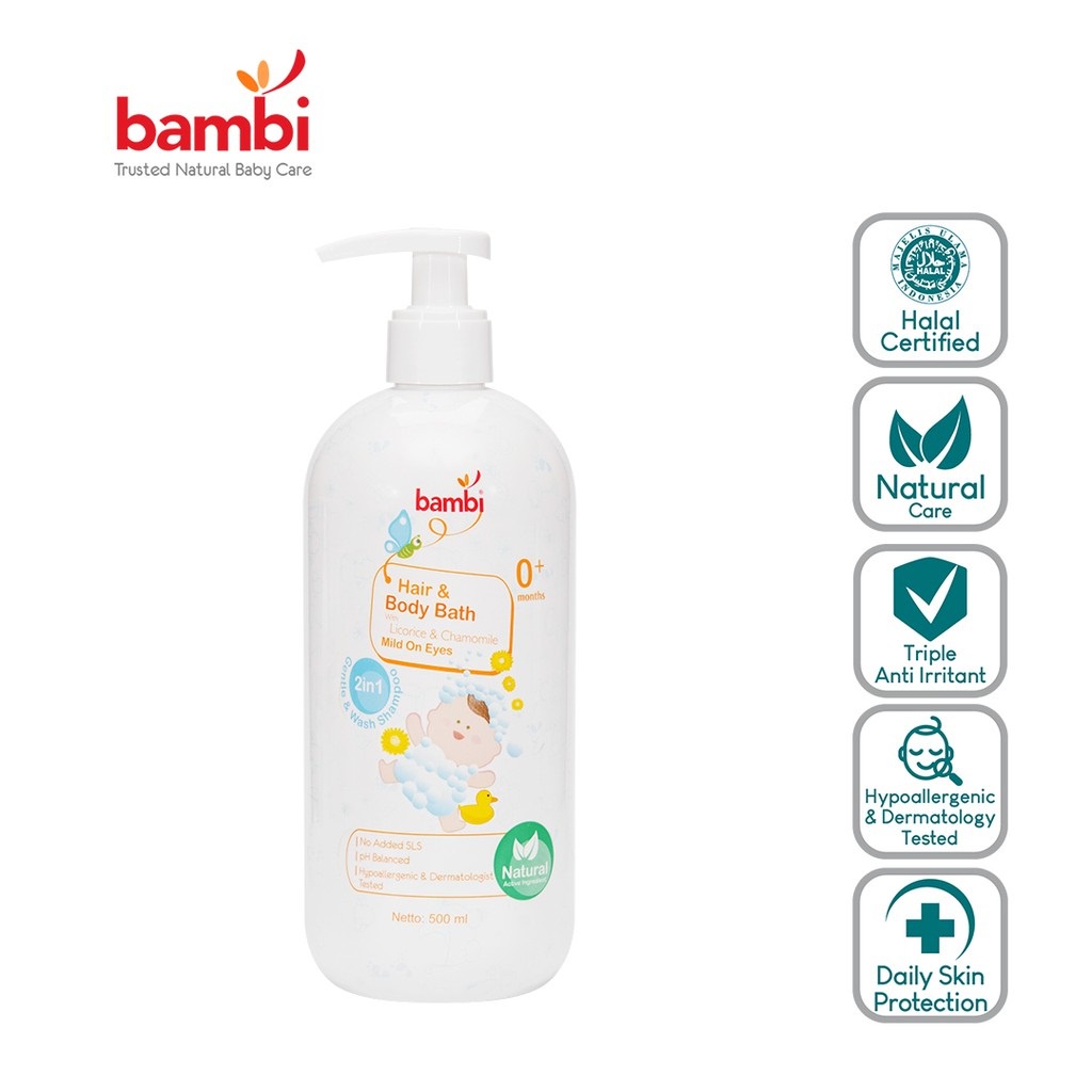 Bambi Baby Hair &amp; Body Bath 2in1 Pump Perawatan Rambut &amp; Sabun Mandi Bayi 500ml