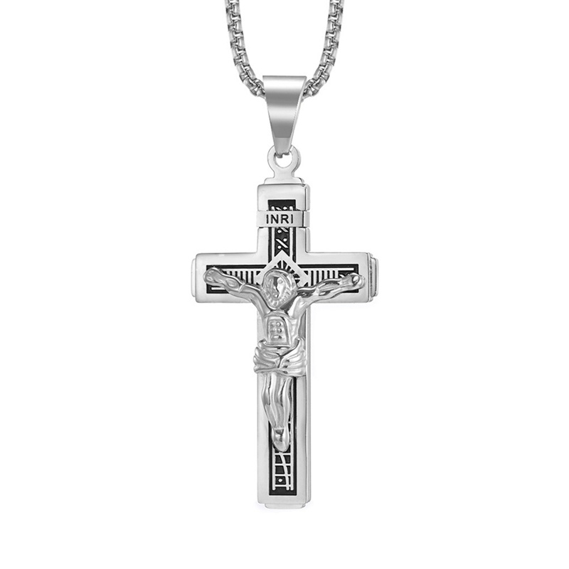 Kalung Rantai Liontin Salib Yesus Bahan Stainless Steel Warna Emas Untuk Pria