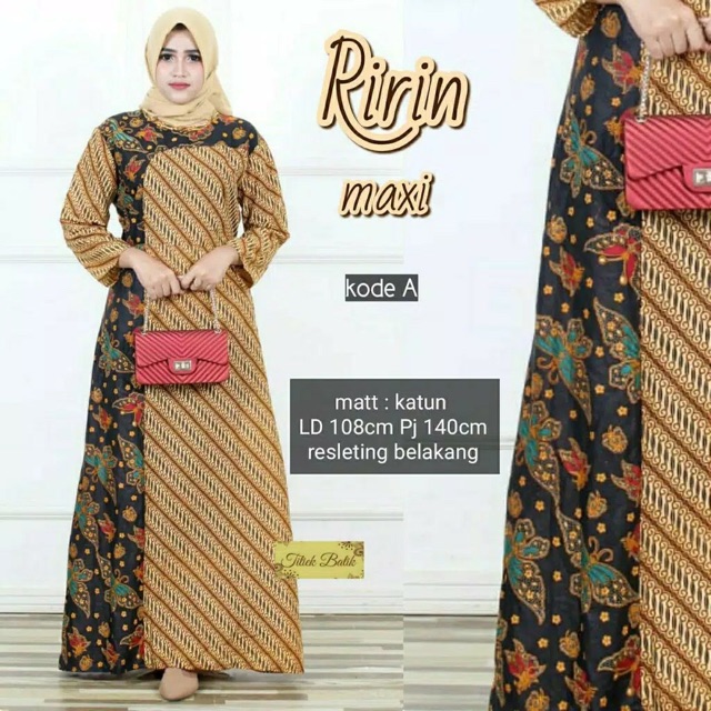 Gamis Batik Katun Ririn Maxi Motif Kupu Baju Kantoran Wanita Casual Formal Kondangan Bahan Premium