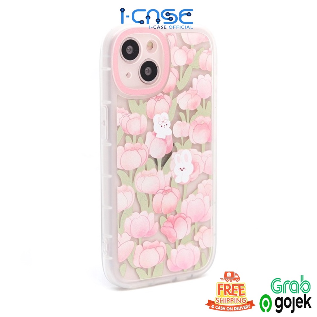 Soft Case Pink Bunny With Flowers Full Lens Cover iPhone iPhone 7 8 SE 7+ 8+ X XR XS 11 12 13 MINI PRO MAX