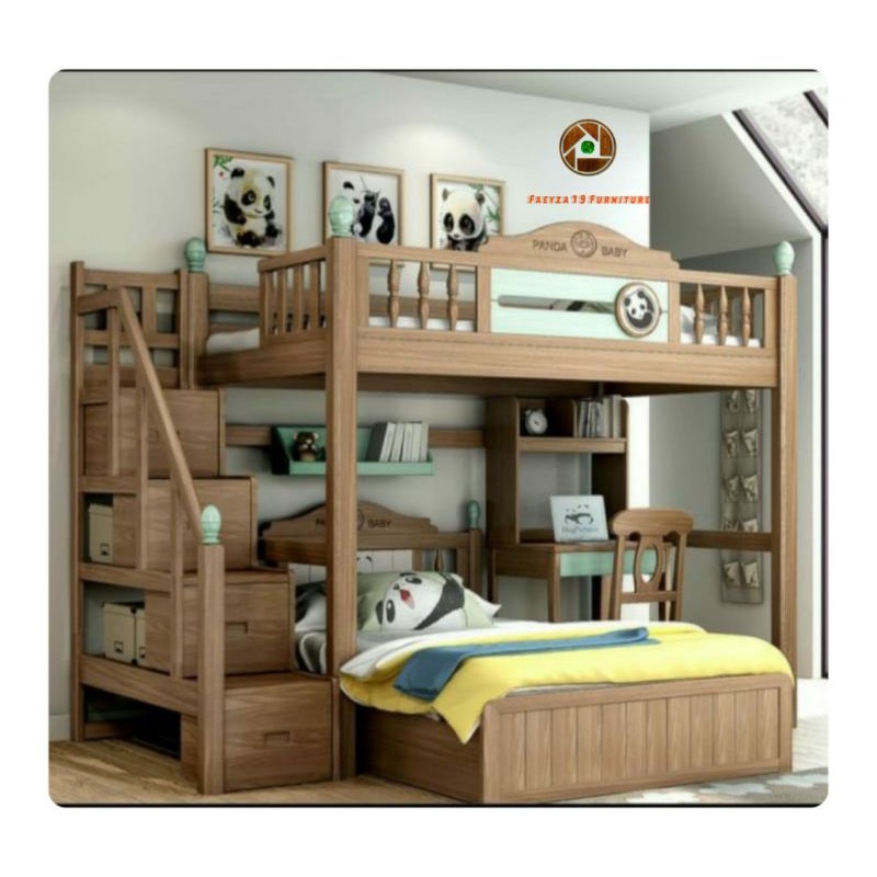 Ranjang dipan susun kayu kombinasi meja belajar