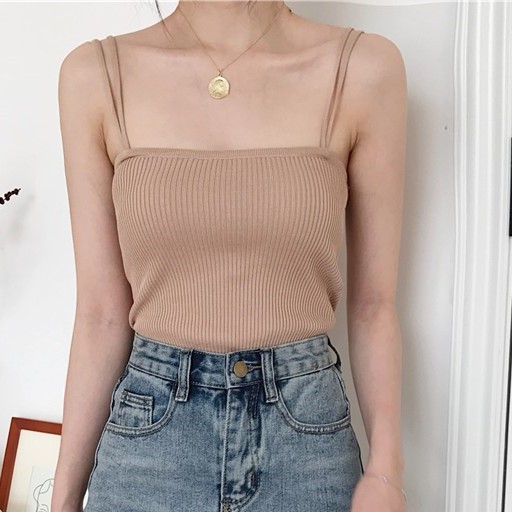 Feminin TankTop Rajut Korea Wanita Tank Top Rajut Daleman Wanita-Coklat