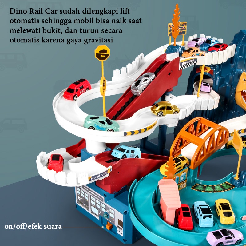 Dinosaur Rail Car Mainan Anak Mobil mobilan dino rail 4 mobil Lampu music Parking Lot Lion Mountain