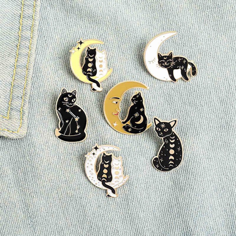 Bros Pin Enamel Bentuk Kucing Hitam Putih Untuk Hadiah Teman