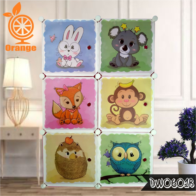 Lemari Pakaian 6 Pintu + Gantungan Baju Lemari Plastik Portable Lemari Pakaian Motif Karakter