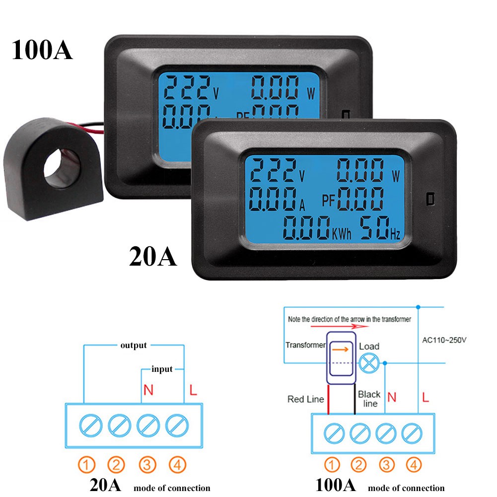 Watt KWH Meter Power Monitor Daya Digital Multifungsi 20A 100A 110 220V Wattmeter Voltmeter Ammeter