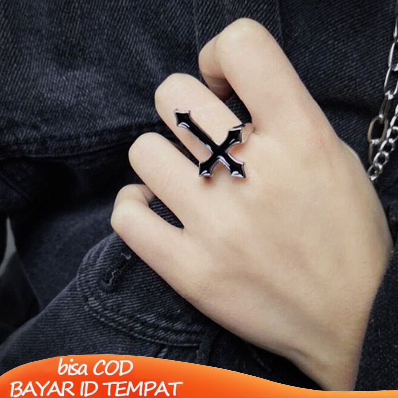 COD Cincin Hitam Cross Retro Fashion Cincin Pria Wanita Minyak Menetes Punk Jari Telunjuk Tren Cincin Hitam