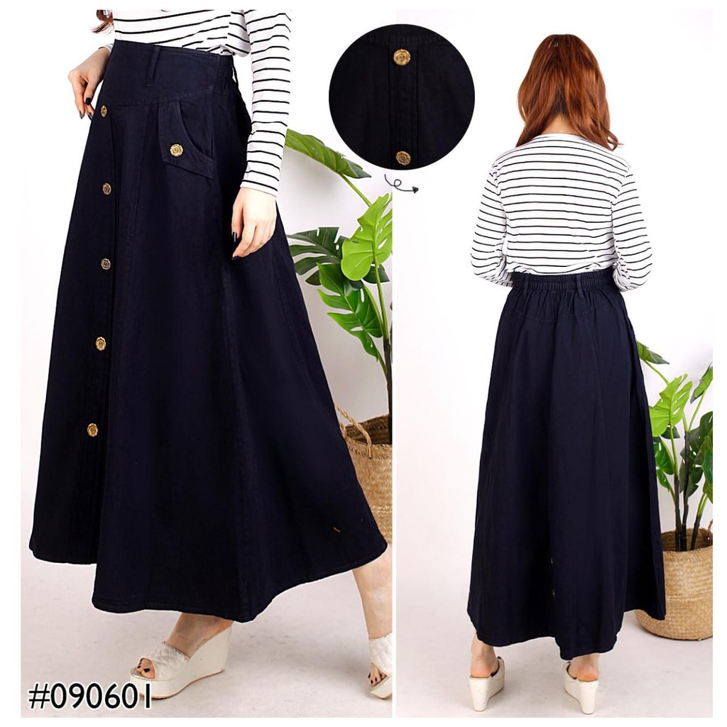 Rok jeans maxi skirt allsize pinggang karet