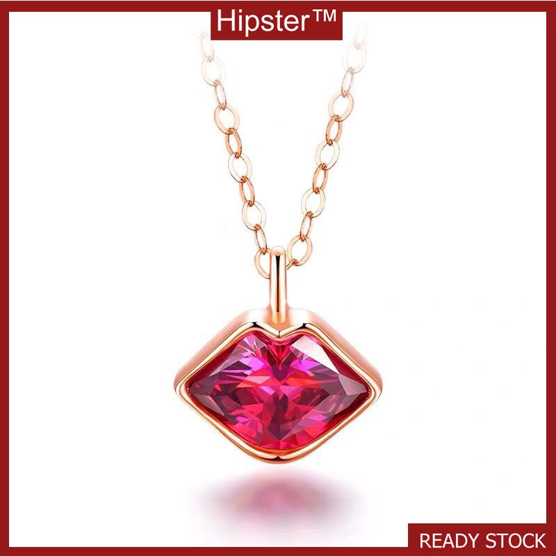 Creative Design Romantic Couple Kiss Red Lips Inlaid Natural Ruby Pendant Rose Gold Necklace