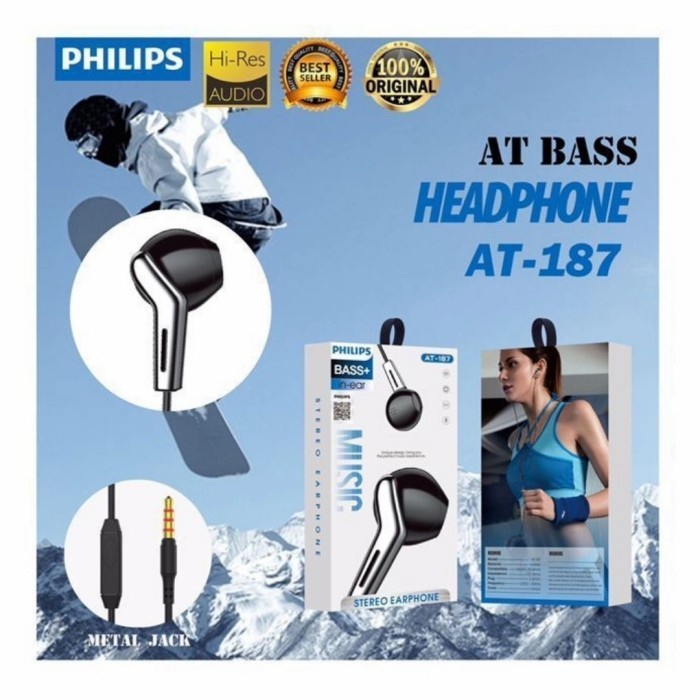 Handsfree Headset Earphone Philips AT-187 Plus Mic Stereo Suara Bagus Grosir