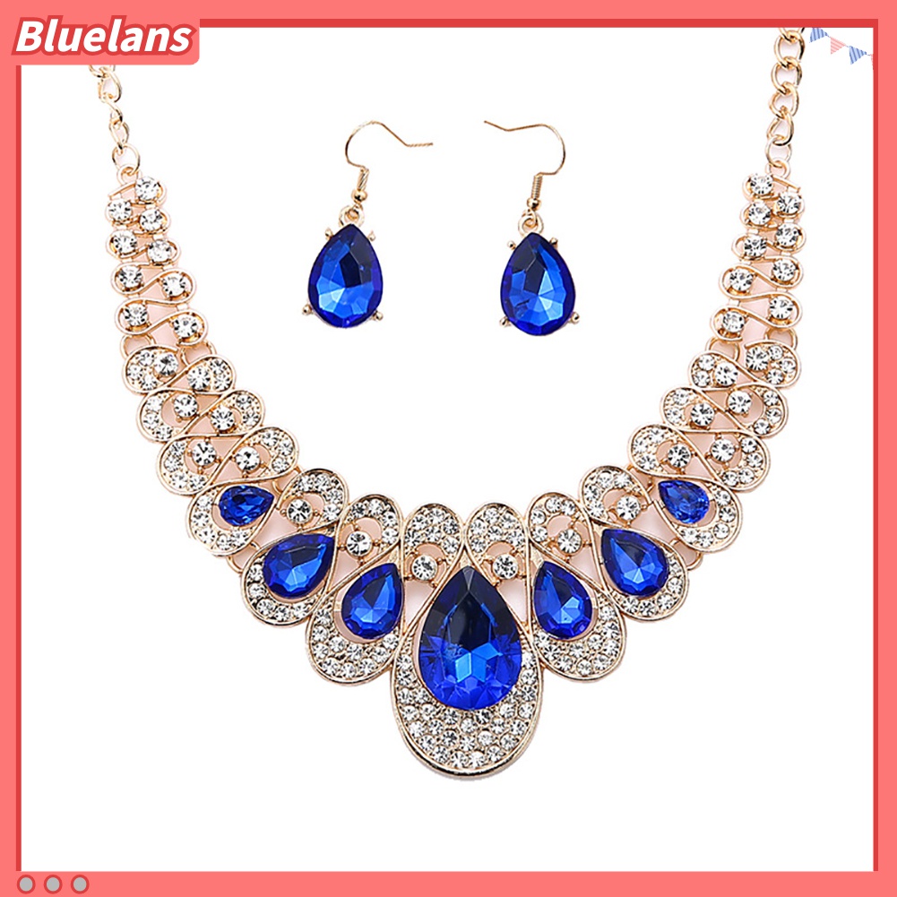 2pcs / Set Kalung Anting Berlian Imitasi Bentuk Teardrop Untuk Pengantin