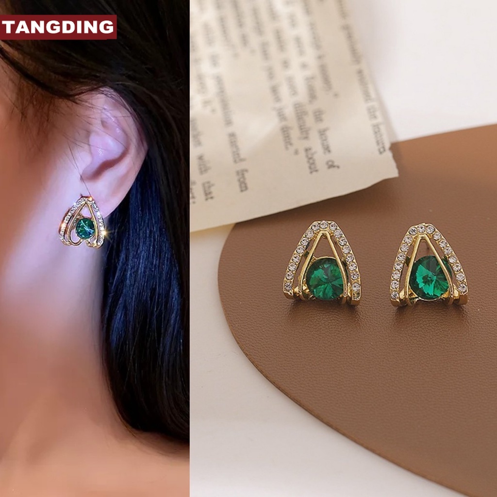 【COD Tangding】Anting Kait Bentuk Hati Aksen Berlian Zamrud Elegan Untuk Hadiah Pernikahan Wanita