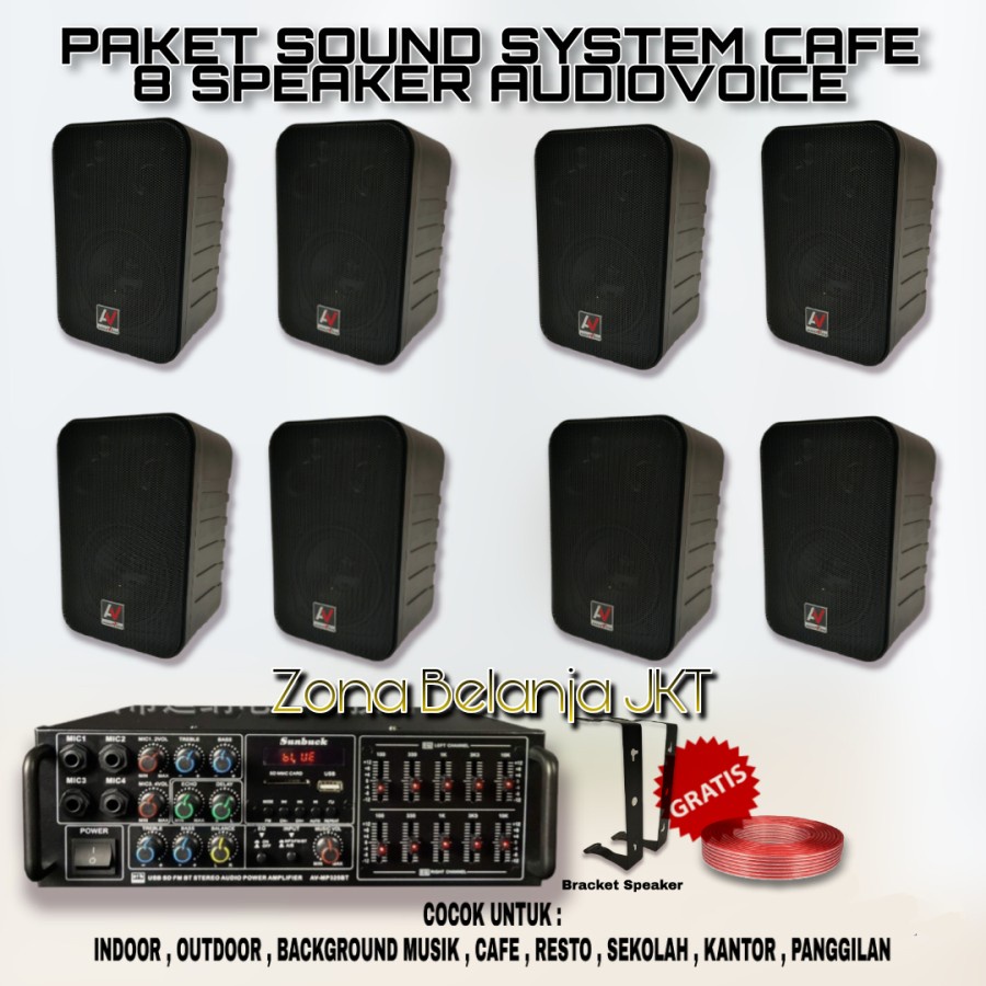 Paket Sound System Indoor Cafe Resto Klinik 8 Speaker Audiovoice Amplifier USB Bluetooth Original(S-4)