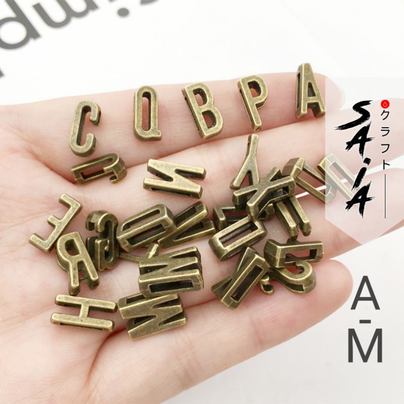 Charm huruf slide antik A - M beads bronze gold silver manik aksesoris gelang inisial nama DIY
