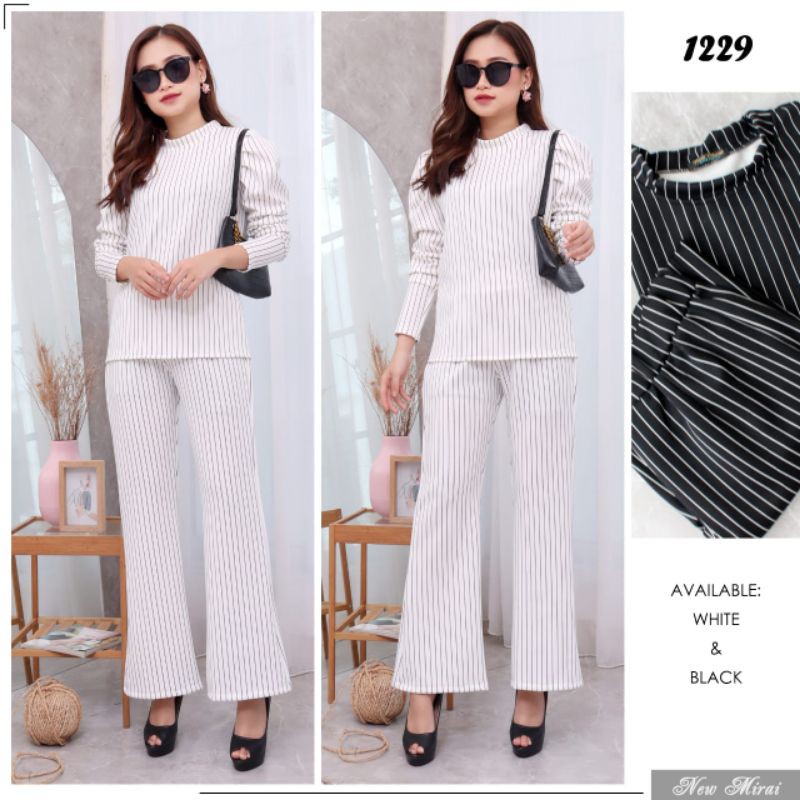 GROSIR SETELAN atasan tangan balon celana cutbray salur HITAM PUTIH BISA COD