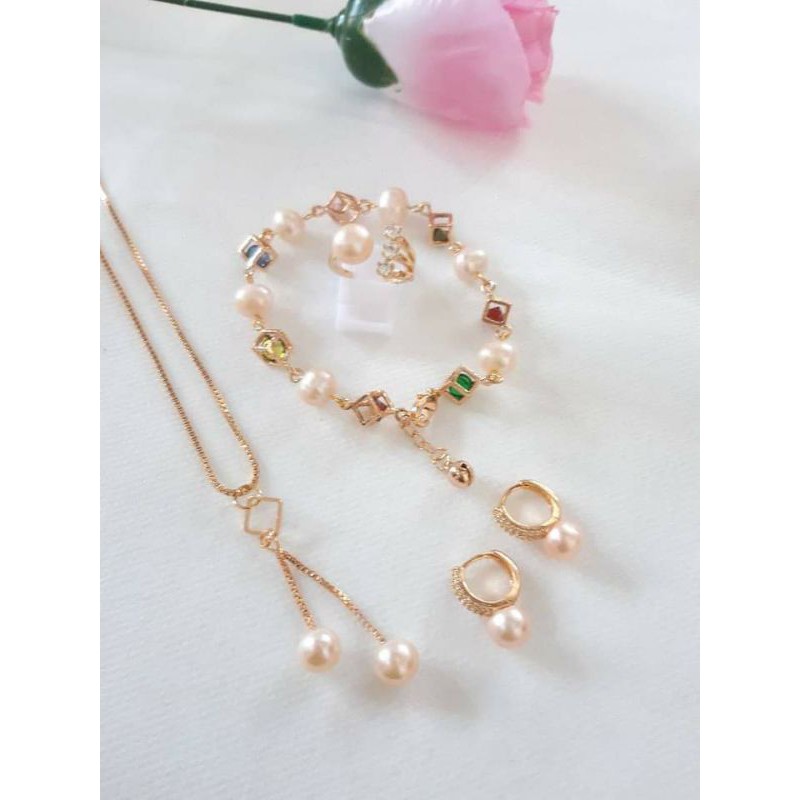 SET PERHIASAN MUTIARA LOMBOK MUTIARA AIR TAWAR ASLI LOMBOK HIAS BATU MODEL JUNTAI