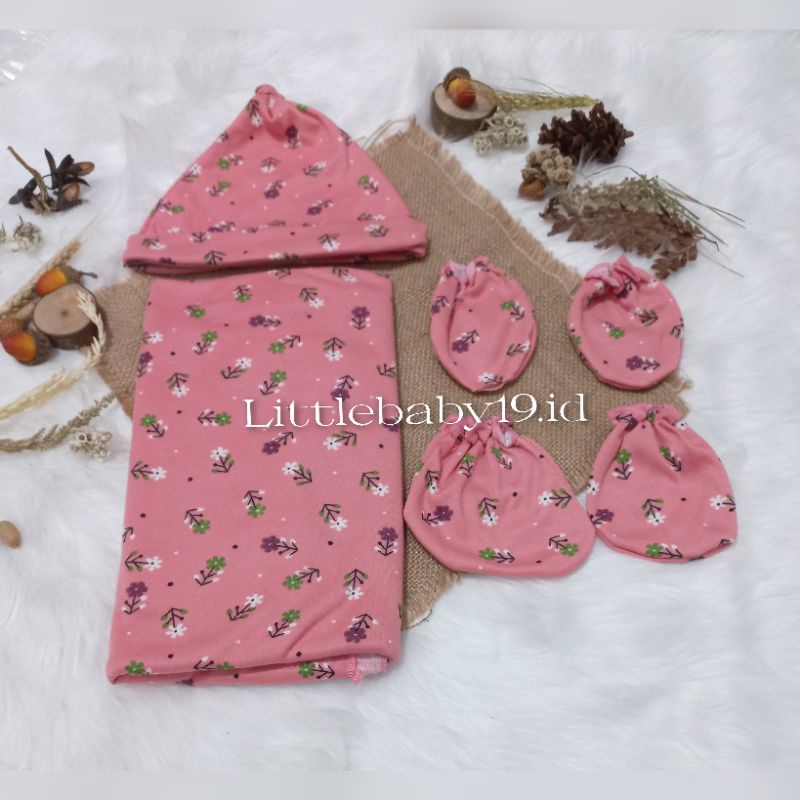 SET Bedong Bayi Topi Motip PREMIUM SNI - Bedong Topi Sarung Tangan Kaki Baby PREMIUM