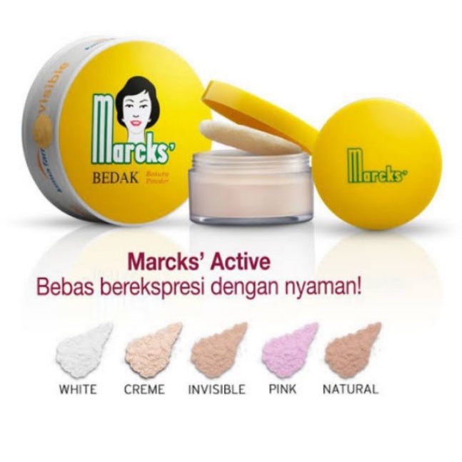 Marcks Bedak Tabur clasik Creme Natural beige kemasan plastik dan kaca compact teens