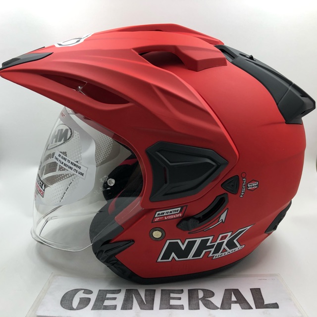 Helm NHK PREDATOR CRYPTON Solid Red Doff Merah Dop Double Visor Half Face
