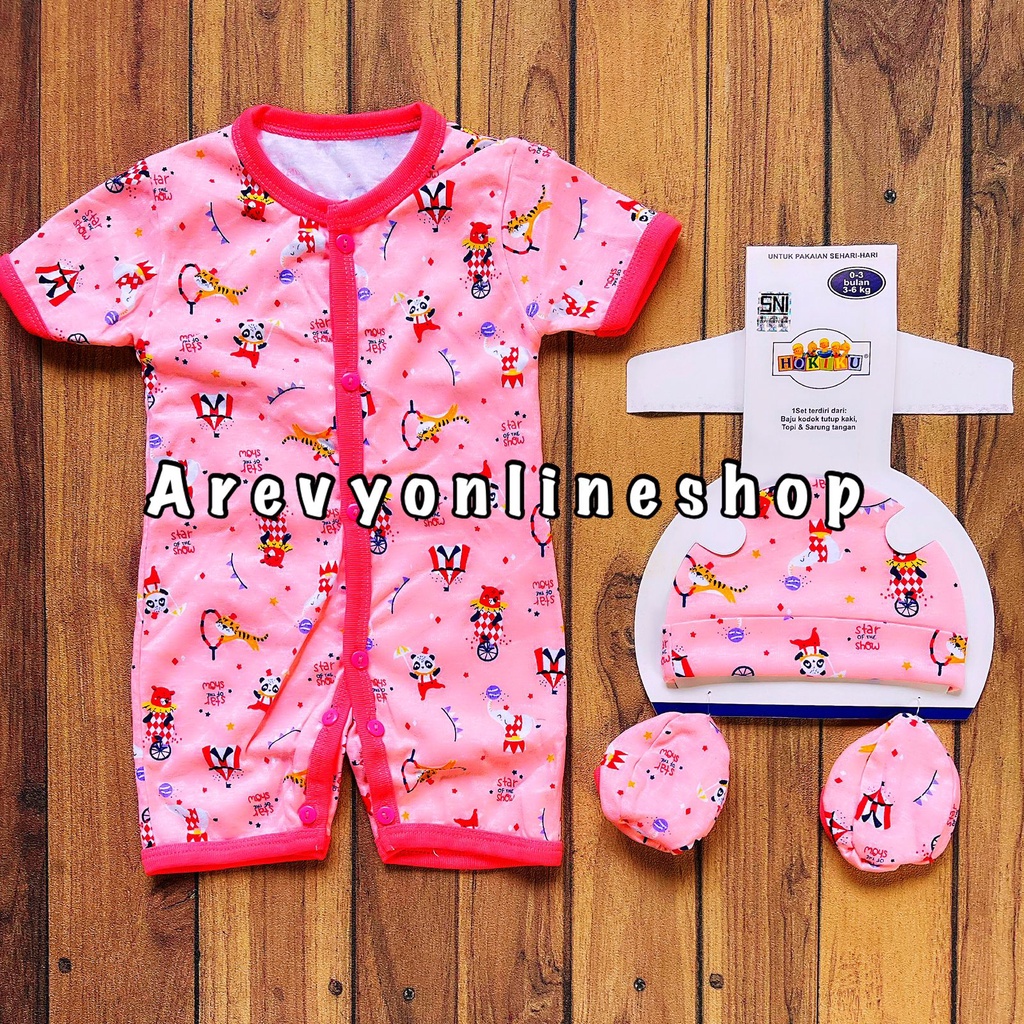 HOKIKU Set 3in1 Romper Baju Bayi Kodok Segiempat Termasuk Sarung Kaki + Topi SNI Lembut