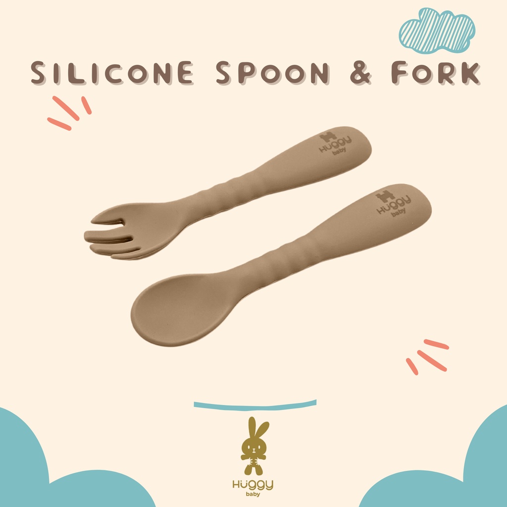 Huggy Baby AM002 Silicone Spoon &amp; Fork | Sendok Garpu Silikon