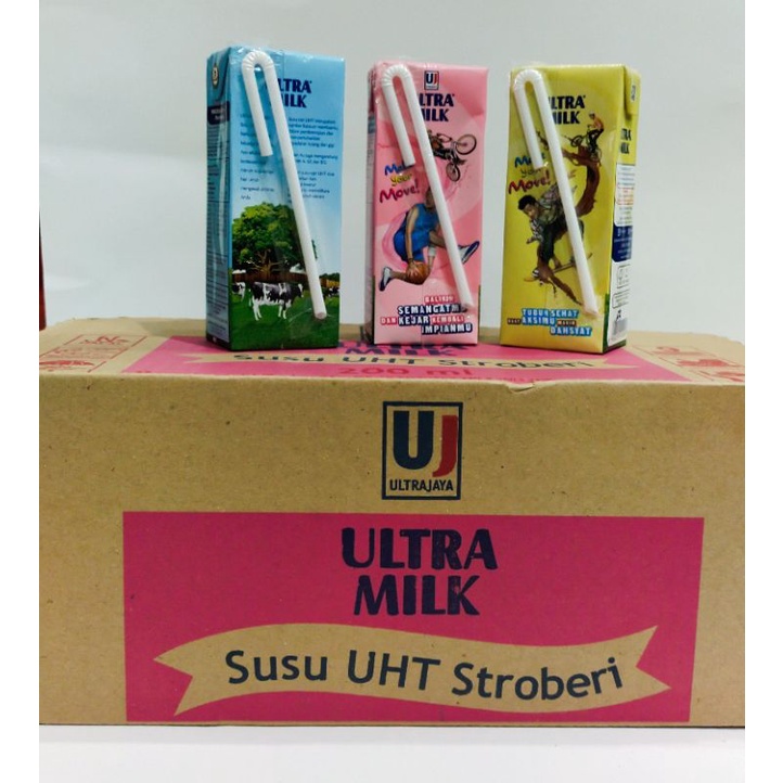 susu kotak uht ultra milk 200 ml rasa strowberi - coklat - full cream