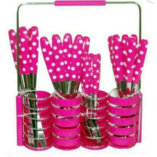 PISAU GARPU SENDOK POLKADOT STAINLESS SET ISI 24 PCS // PINK