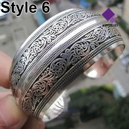 Gelang Bangle Cuff Model Lebar Motif Ukiran Gajah Warna Silver Gaya Vintage Tibet