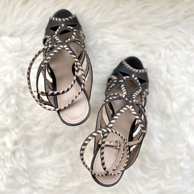 [ PRELOVED ] Charles & Keith Platform Heels / Open Toe / Ankle Strap in Grey