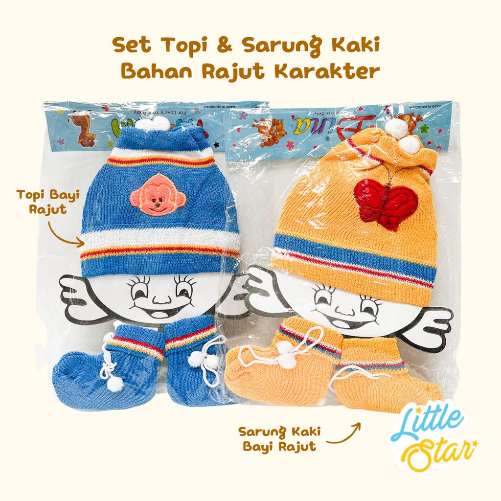 3in1 Set Topi Rajut Sarung Kaki Bayi Baru Lahir Newborn Motif Karakter Premium Knit