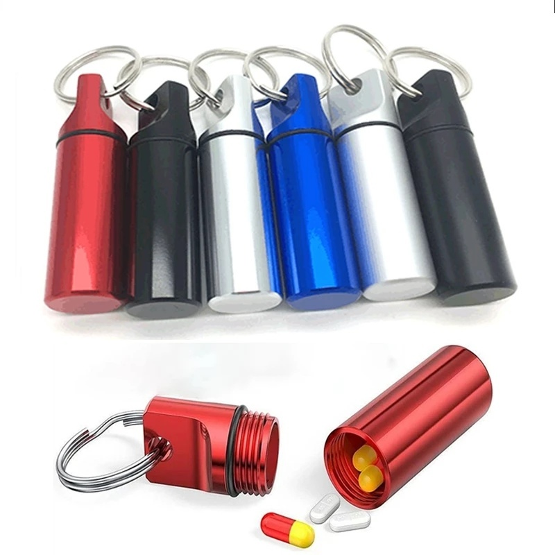 1pc Botol Holder Obat Pil Bahan Aluminum Anti Air Warna Acak Dengan Gantungan Kunci Carabiner