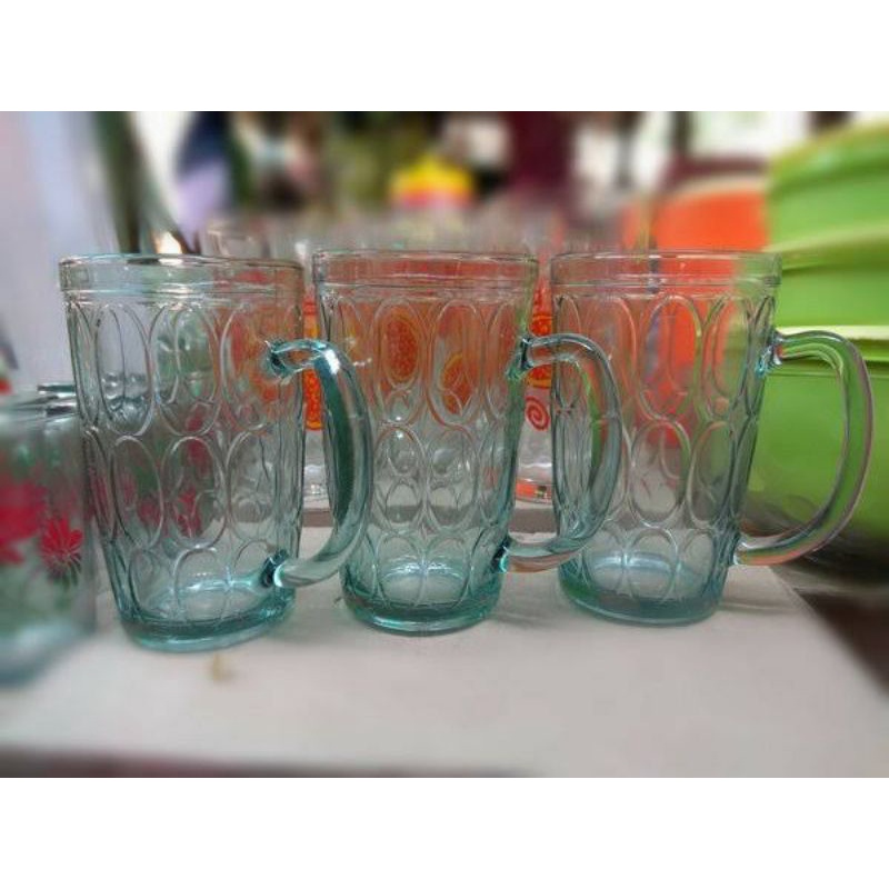 6 PCS Gelas Gagang Jempol Besar  GELAS GAGANG KACA GELAS BELING JEMPOL MURAH MOTIF