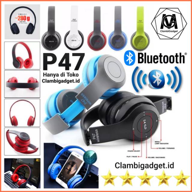 Henset Headset Bluetooth P47 Wireless Heandset Bass Headphone Earphone COD Handfree Audio Ada Mic Mi