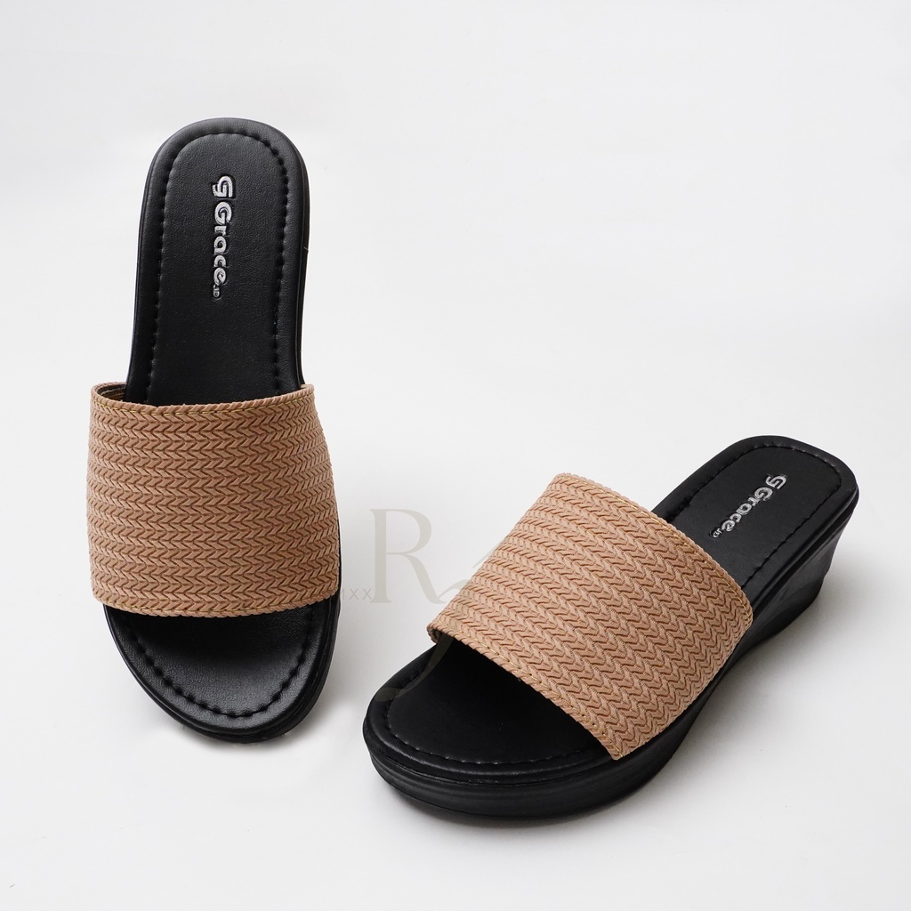 GRACE [AKASIA SELOP] Sandal Wedges Rajut Selop Wanita/ Sandal Hak Tebal/ Sendal Hak Selop Kokop Rajut