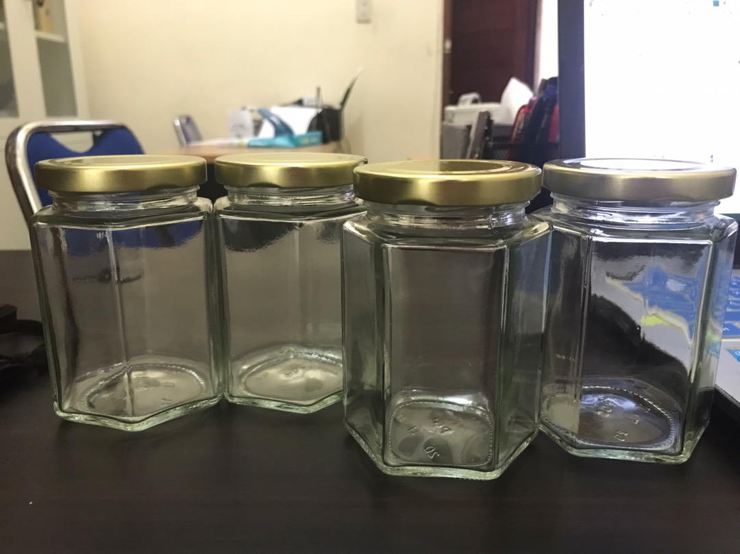 Jar Botol Toples Kaca 300ml Hexagonal Tutup Kaleng
