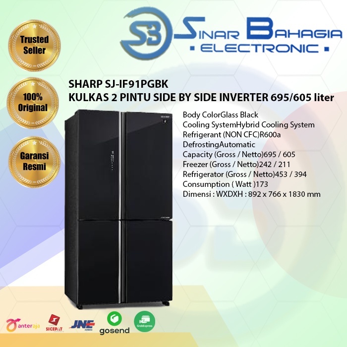 SHARP SJ-IF91PGBK KULKAS 2 PINTU SIDE BY SIDE INVERTER 695/605 liter (NEW) KHUSUS BANDUNG