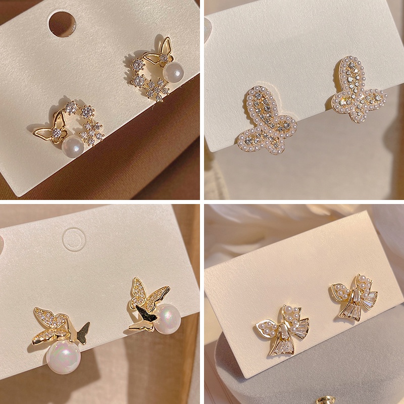 Butterfly Anting Tusuk Desain Kupu-Kupu Hollow Hias Mutiara + Berlian Untuk Wanita