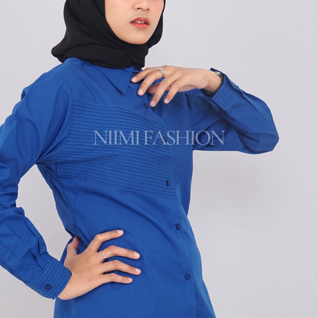 NIMI - Kemeja Biru Wanita Rempel Lipit Baju Kemeja Kerja Wanita Lengan Panjang