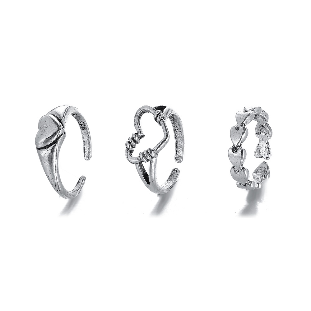 3pcs / Set Cincin Model Hollow Out Bentuk Hati Warna Silver Untuk Wanita