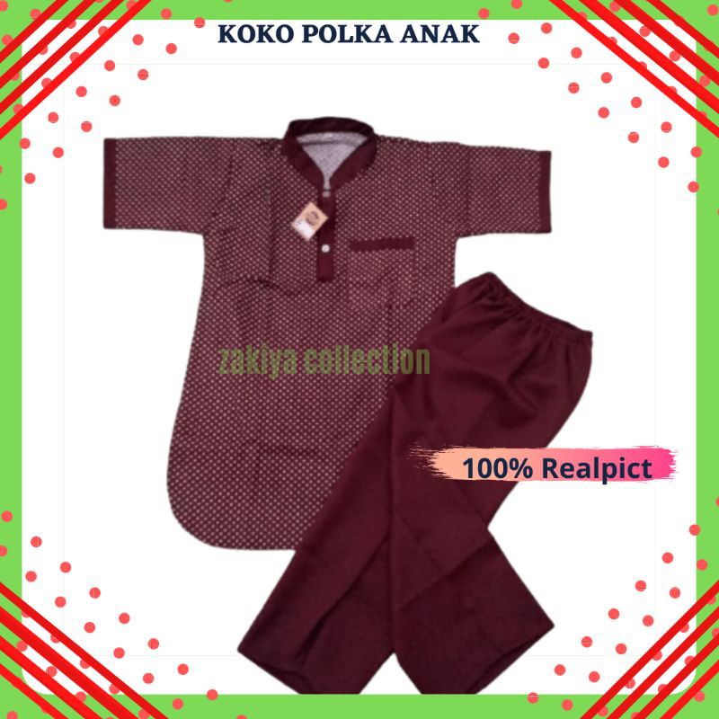 BAJU KOKO TURKI ANAK POLKADOT MAROON | SETELAN KOKO CELANA PECI