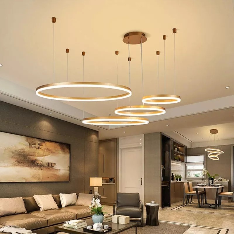 Lampu Gantung Hias Dekorasi Rumah Minimalis Gold Premium Chandelier 4 Ring