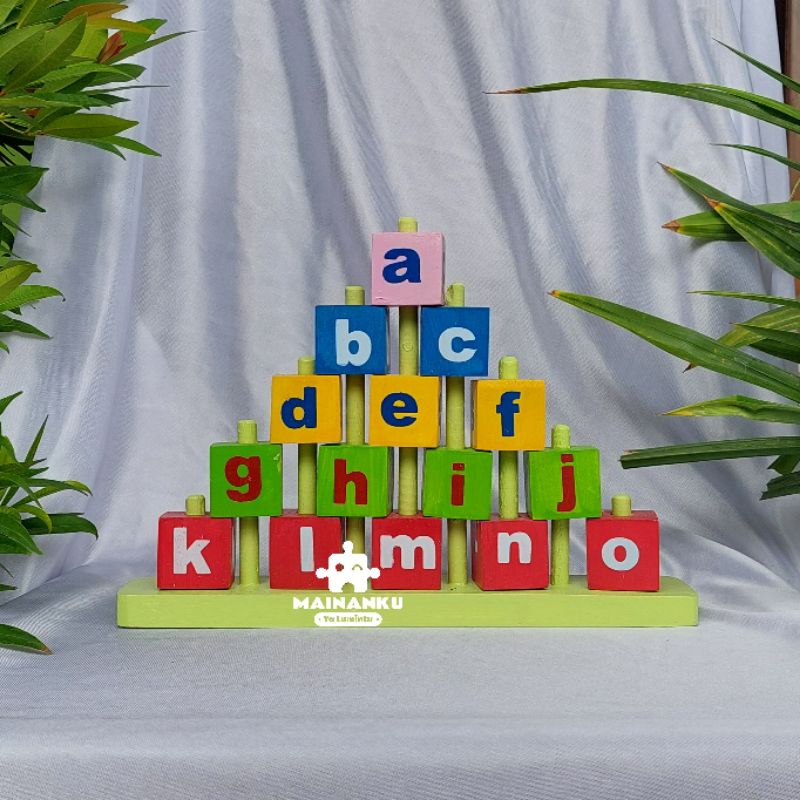 Mainan Edukasi Anak Balok Menara Piramid Huruf Abjad