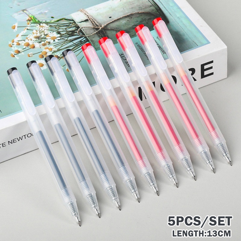 5pcs / set Pulpen Gel 0.5mm Tinta Hitam / Merah Untuk Sekolah / Kantor