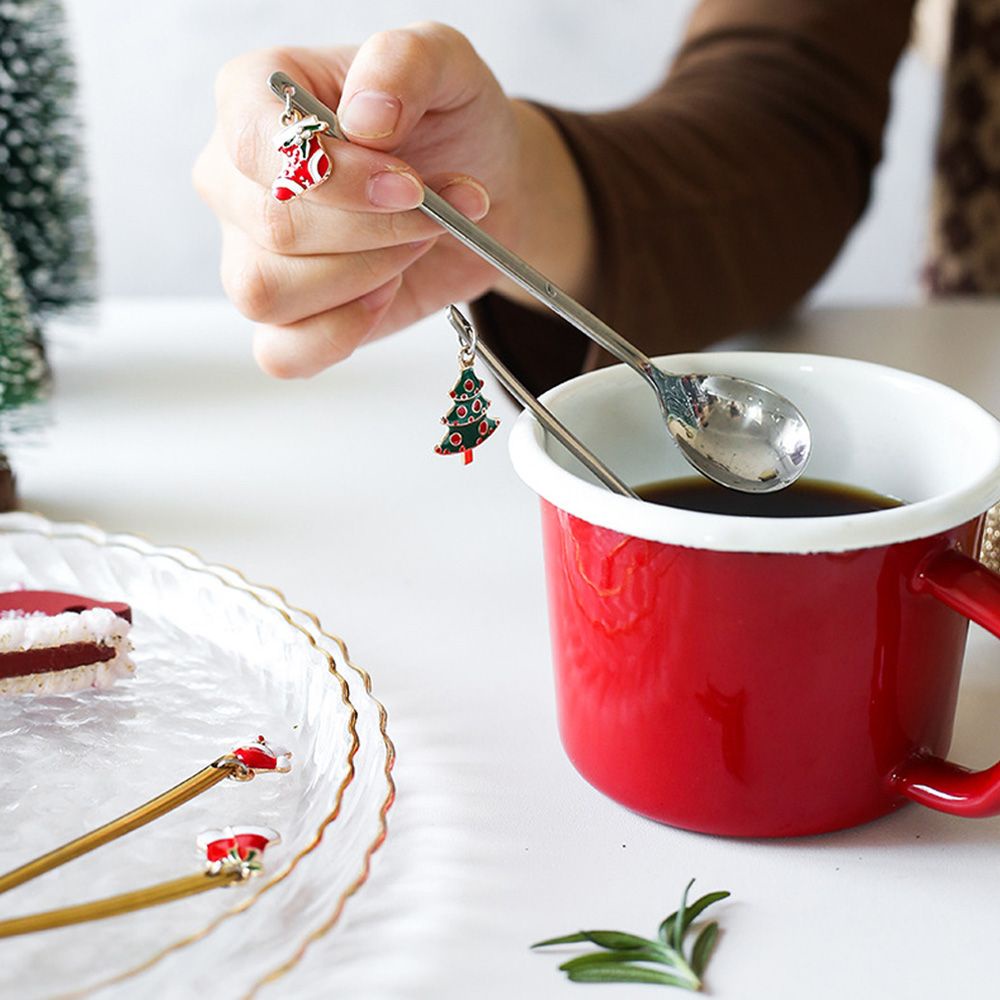 6pcs / Kotak Sendok Garpu Kopi Bahan Stainless Steel Untuk Dekorasi Meja Makan Malam Natal