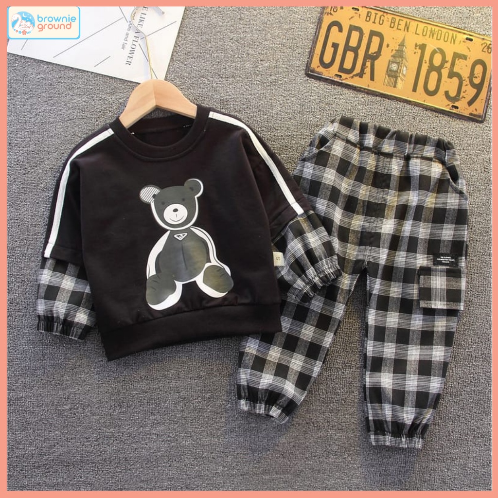 [COD] Setelan anak laki laki motif BoardBear 0-5 Tahun / Setelan baju baby impor premium korea lengan panjang/Brownieground