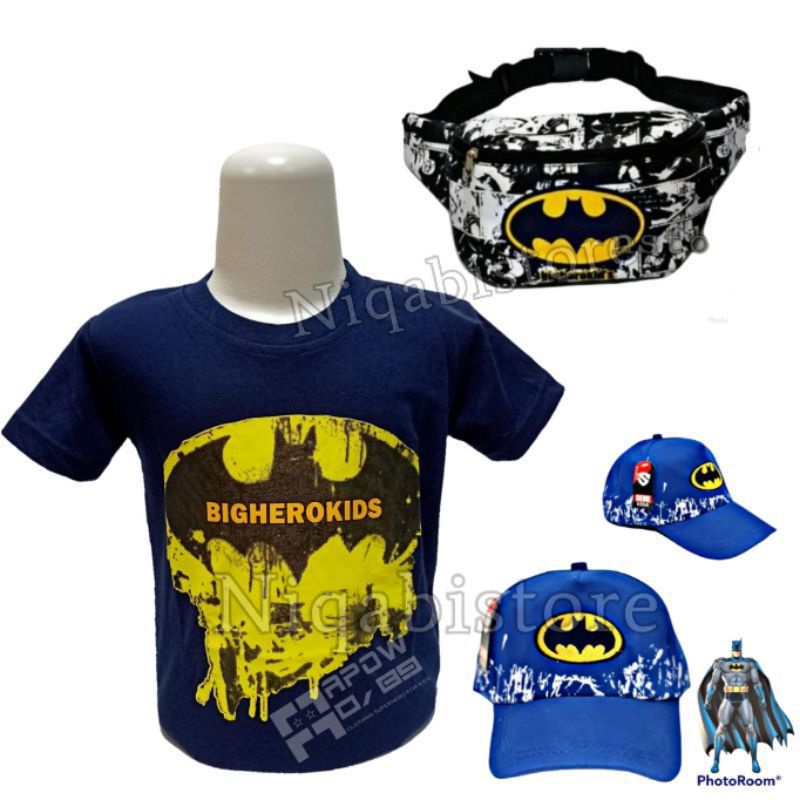 Baju anak kaos laki-laki karakter Batman gratis waistbag topi - baju anak