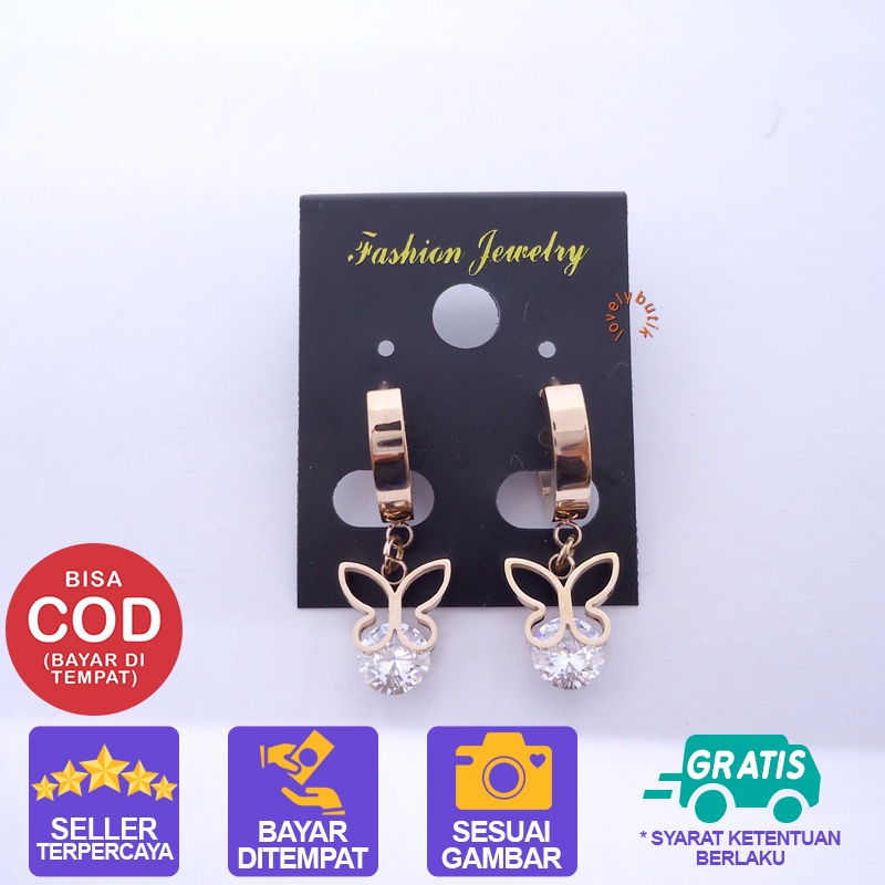 Lovelybutik - Anting Titanium Anti Karat / Permata Kupu Anting Titanium Wanita Motif Kupu Kupu Ukuran 1,4 cm Warna [Rosegold] BONUS KOTAK PERHIASAN