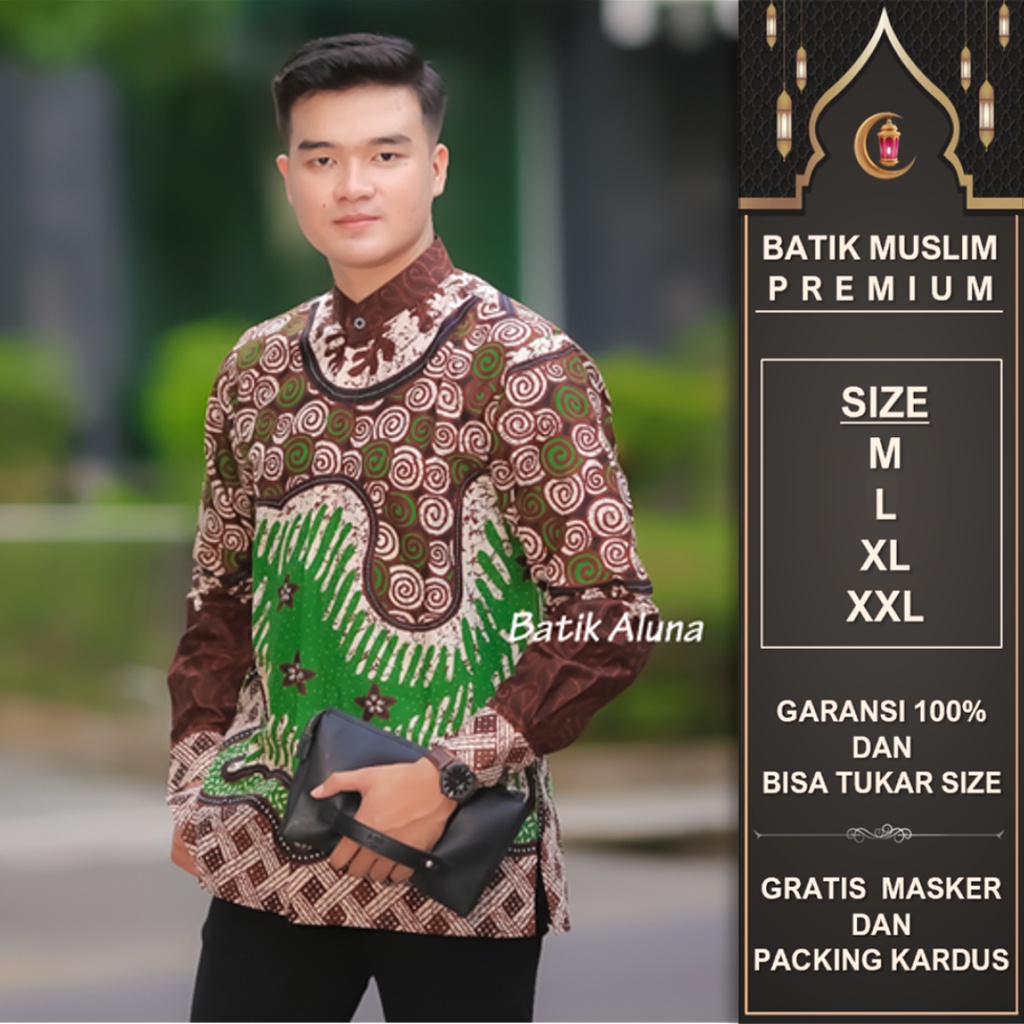 Baju Muslim Pria Lengan Panjang Premium Baju Koko Kurta Dewasa Lengan Panjang Kombinasi Batik Material Cotton Adem Serap Keringat BY FASHION BATIK ALUNA