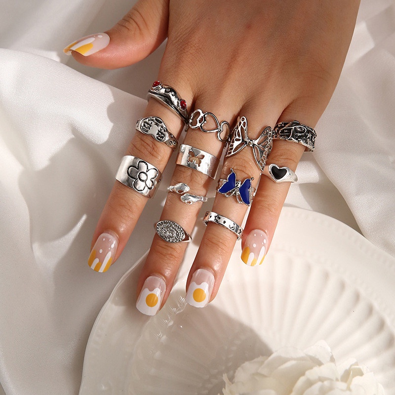 12pcs / Set Cincin Desain Hewan Butterfly Frog Love Aksen Batu Permata Warna-Warni Untuk Wanita